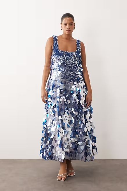 Arrange Curve embellished disc sequin square neck full skirt midi dress in blue