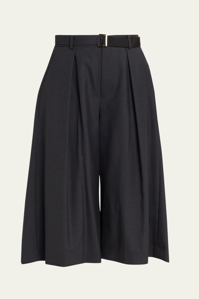 Pleated Wide-Leg Culotte Suiting Pants