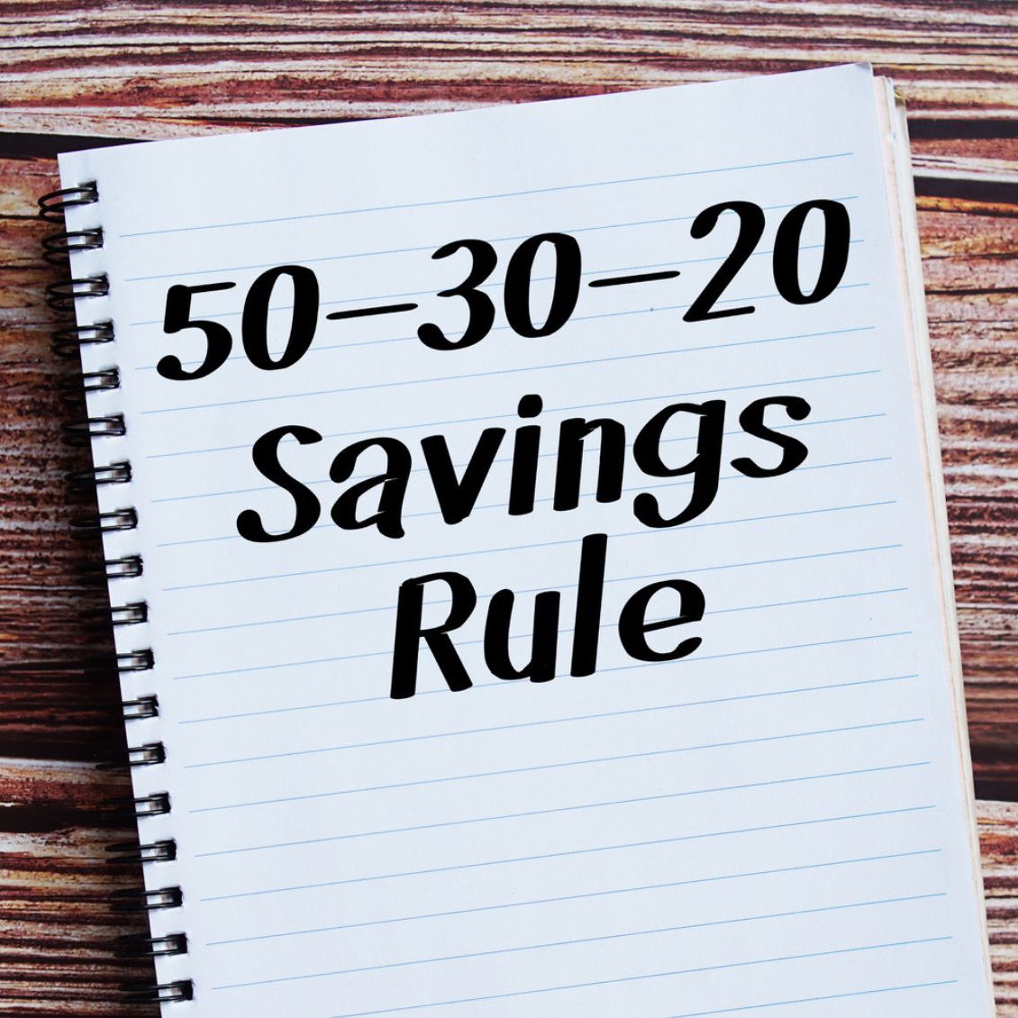 50-30-20 Savings Rule text written on notepad top view on wooden background
