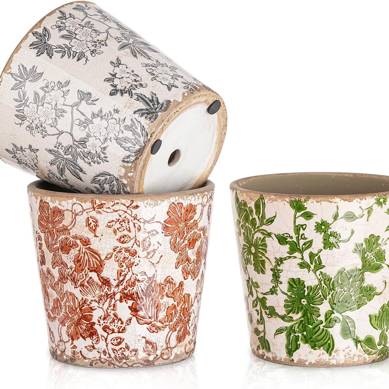 Sungmor Vintage Ceramic Planter Set of 3 - Decorative Indoor &amp;amp; Outdoor Flower Pots With Drainage Holes - Tuscan D&amp;eacute;cor Pots, 5.5" Ice Crackle Glaze Planters for Home, Kitchen, Patio, and Garden