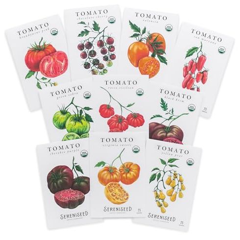 Sereniseed Certified Organic Tomato Seeds (10-Pack) &amp;ndash; Non Gmo, Open Pollinated &amp;ndash; Cherokee Purple, Chocolate Cherry, Green Zebra, Brandywine Pink, Black Krim and More - Tomato Seeds for Planting