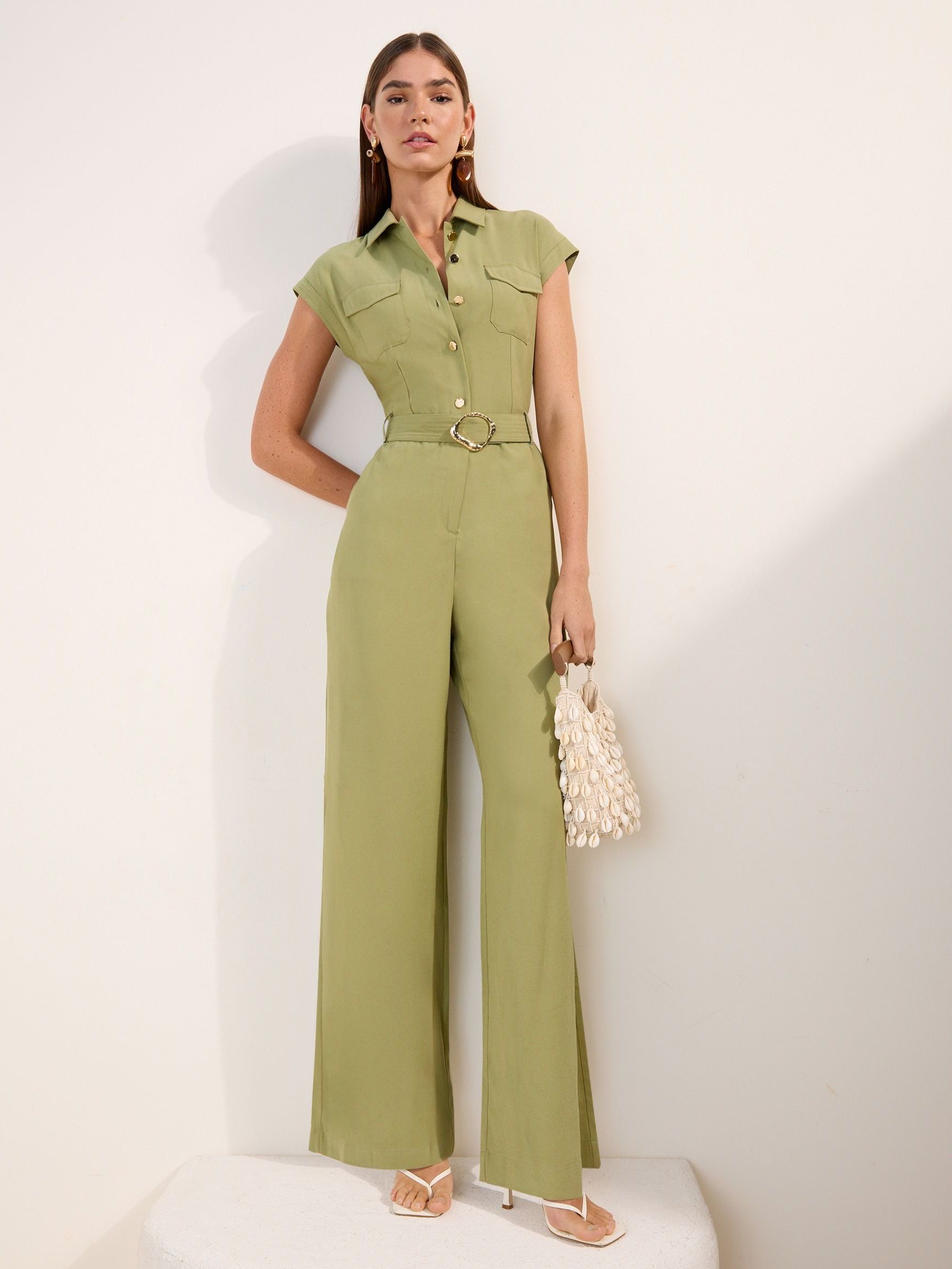 Friends Like These Green Belted Tailored Wide Leg Jumpsuit - Size 8