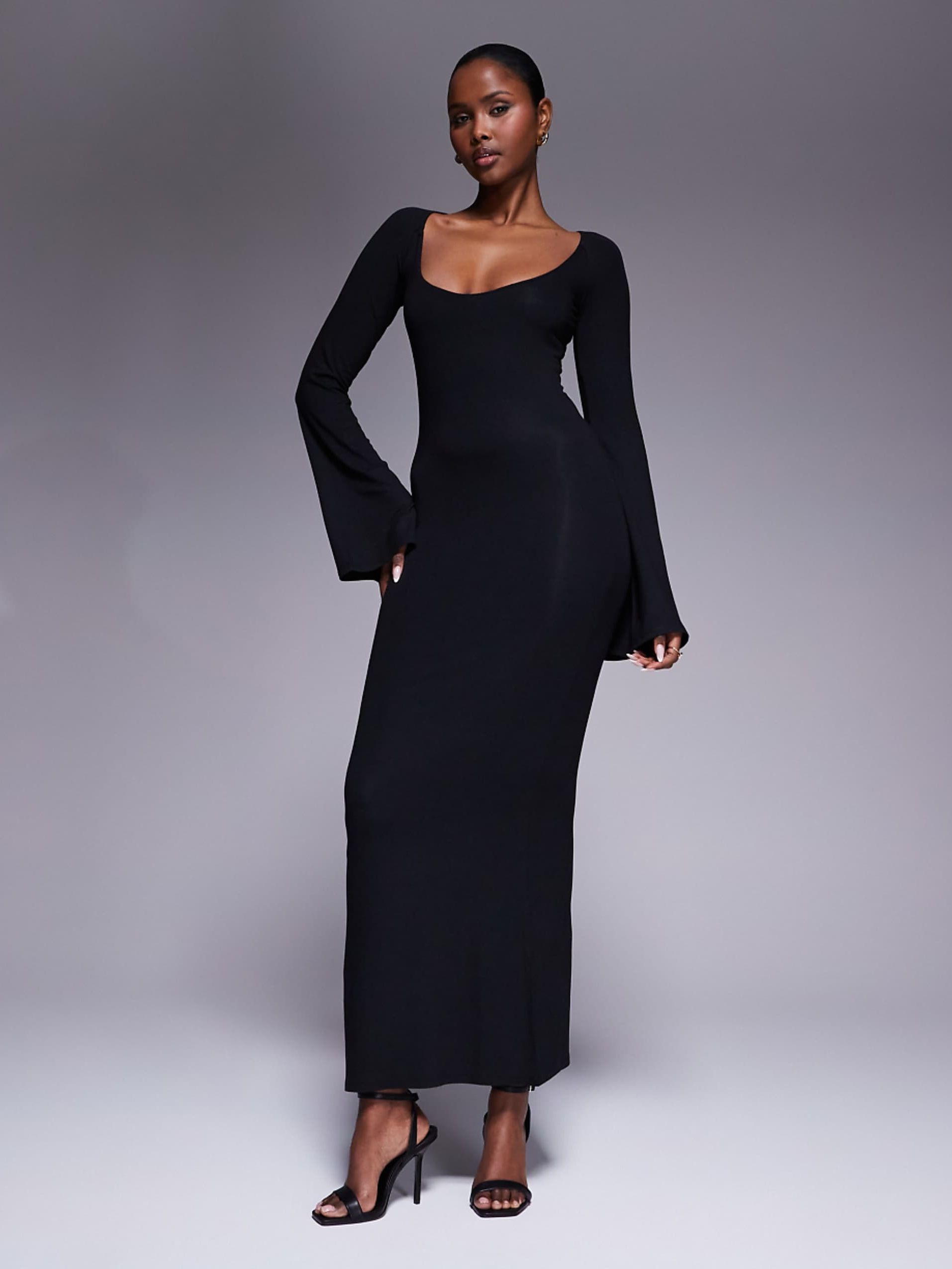 Asos Design Super Scoop Midi Dress With Flute Sleeves in Black