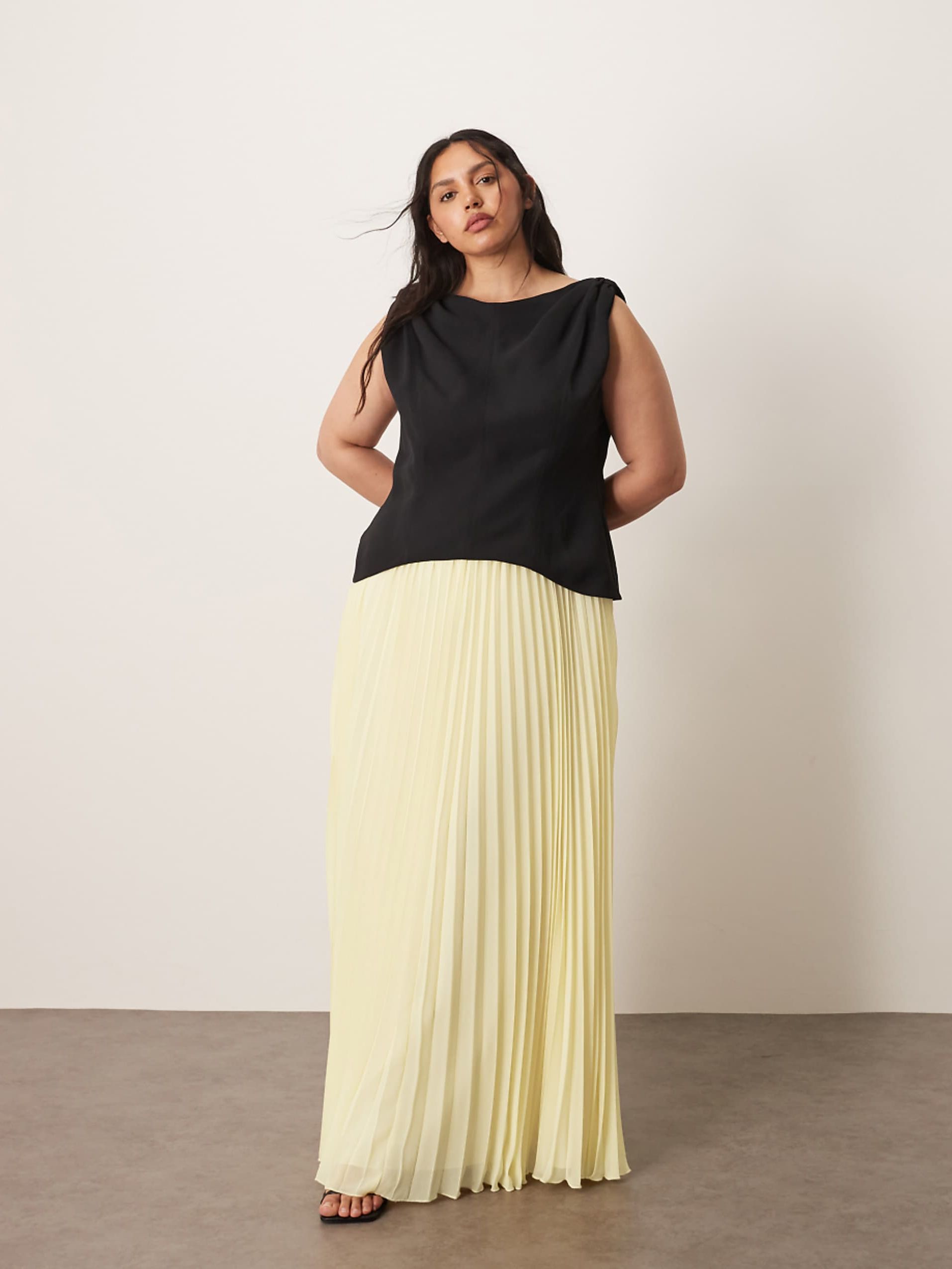 Arrange Curve Twisted Shoulders Pleated Skirt Hybrid Maxi Dress in Contrast Black and Buttermilk