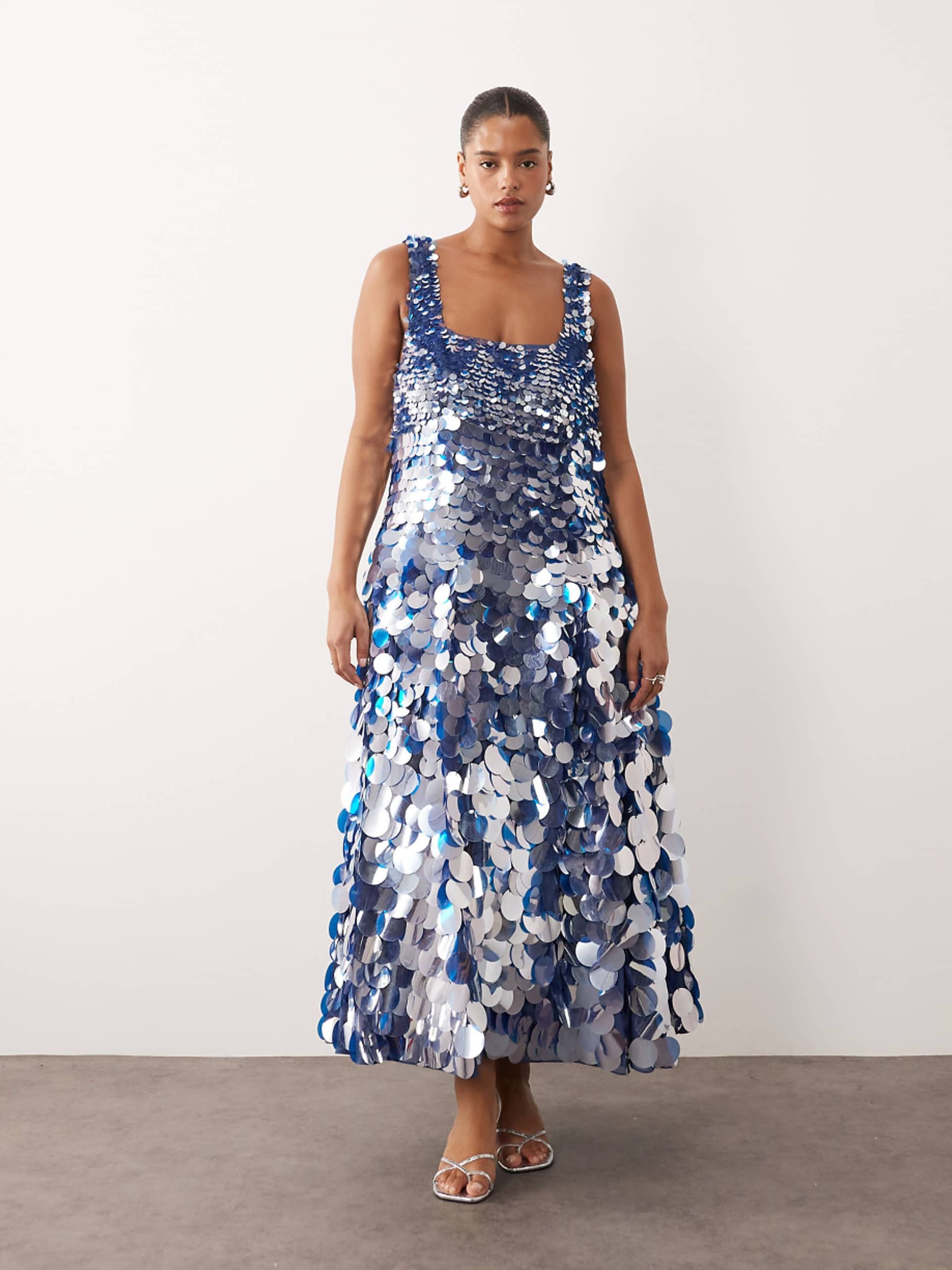 Arrange Curve Embellished Disc Sequin Square Neck Full Skirt Midi Dress in Blue