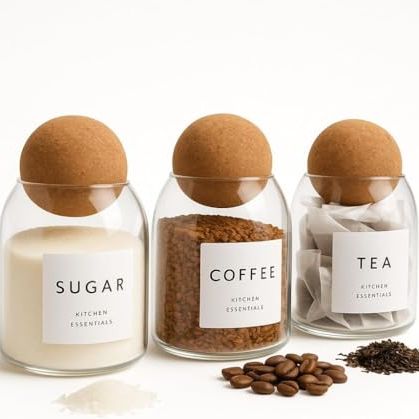 Livabl Tea Coffee and Sugar Canisters Set - Set of 3 Unique Cork Ball 500ml Glass Jars - Perfect Sugar Tea Coffee Set Organiser