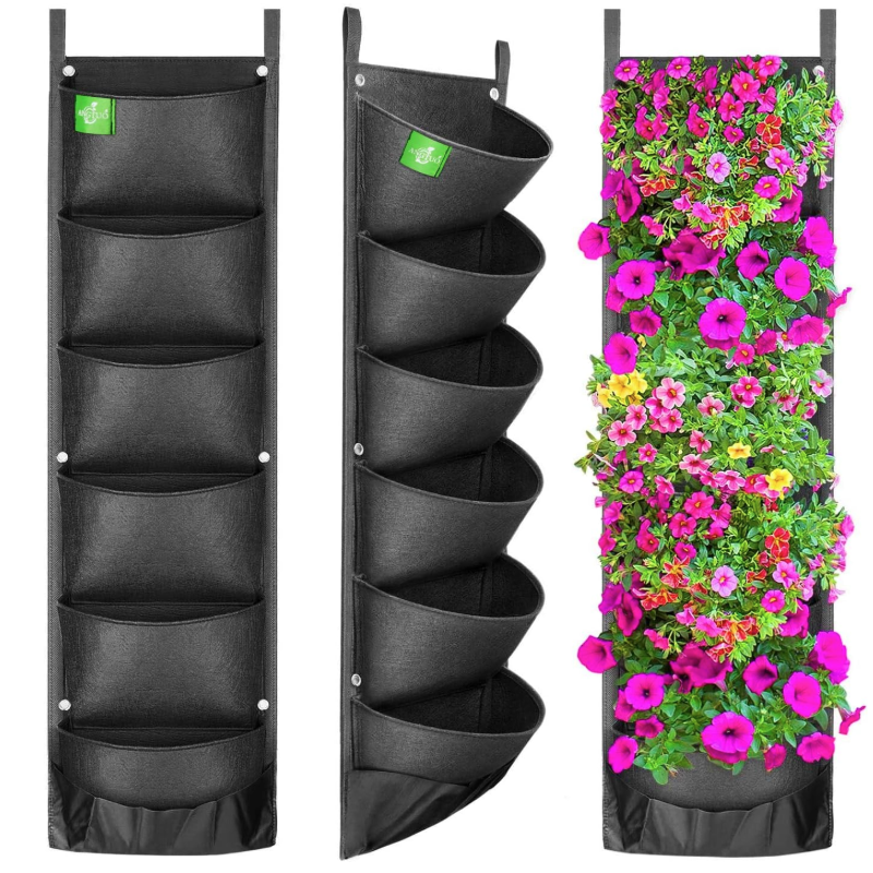 Angtuo 6 Pockets Hanging Planters for Outdoor Plants, One Pack Wall Planter Vertical Garden, Hanging Plant Holder for Railing, Balcony, Fence