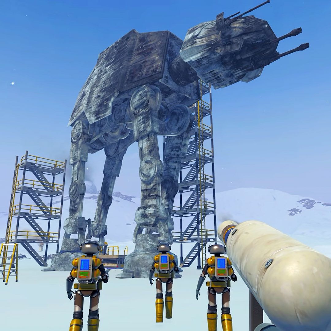 PowerWash Simulator 2 - Four players approaching an AT-AT from Star Wars, all equipped with powerwashers
