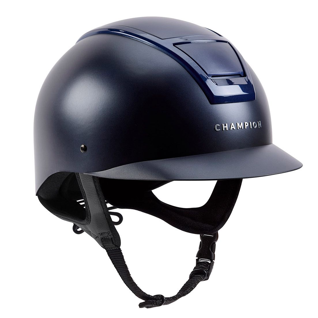 Close up of Champion Insight Peaked riding helmet in navy
