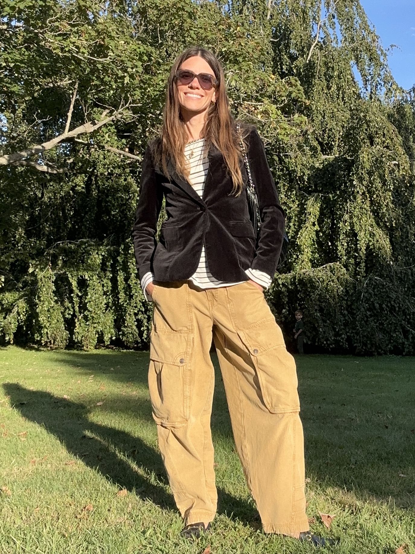 Julia Gall styles a dressy black velvet blazer with laid-back cargo pants