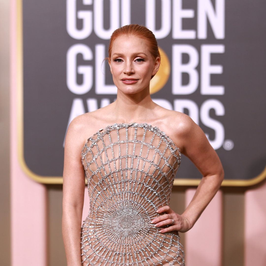 jessica chastain golden globes 2023 dress designer Jessica Chastain's Golden Globe 2023 Look Is Giving Sparkly Spider Web