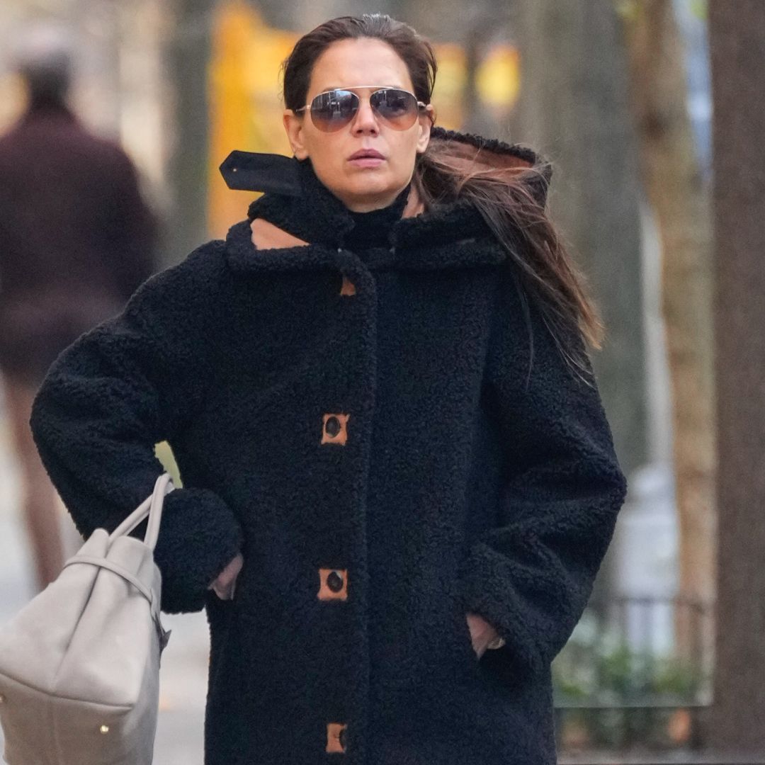 Katie Holmes and Her Duffle Teddy Coat Take the Sock Boot Trend