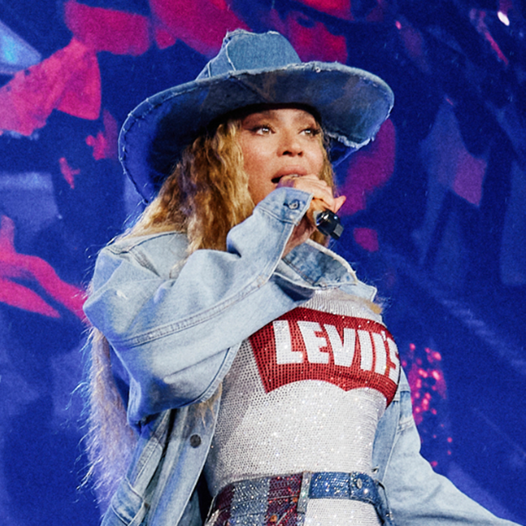 beyonce denim dress Beyonc wearing Christian Louboutin Santia Botta and custom Ralph Lauren  denim gown and hat for the Cowboy Carter Tour in New Jersey. The outfit was  handmade in Italy by five specialized artisans