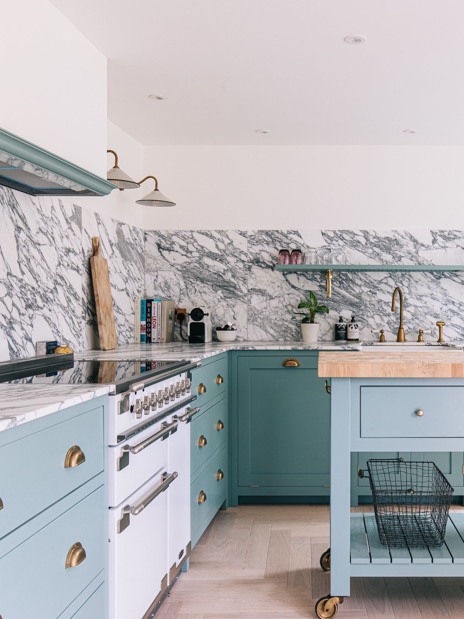 pale blue and marble kitchen