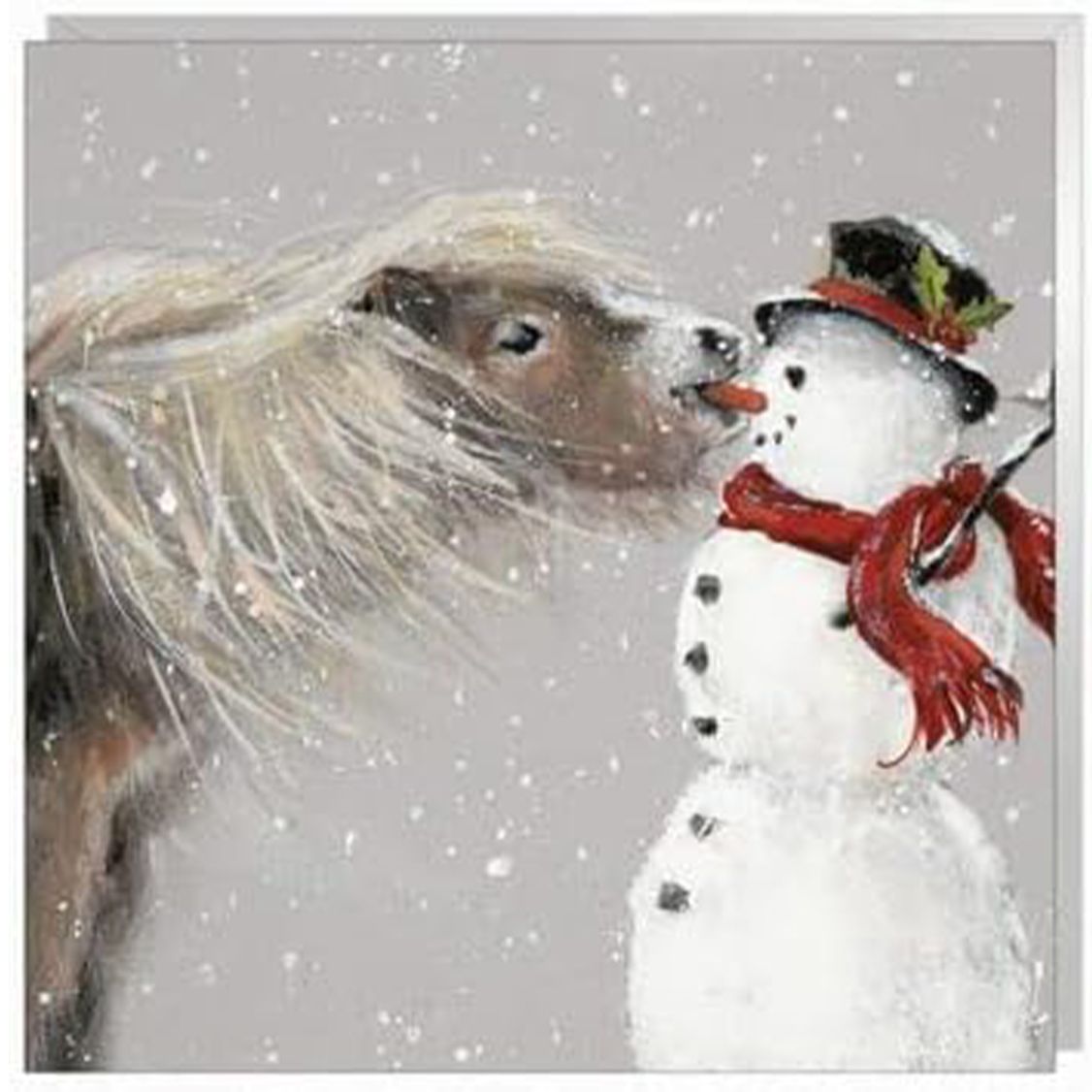 Christmas card showing horse biting carrot nose off a snowman