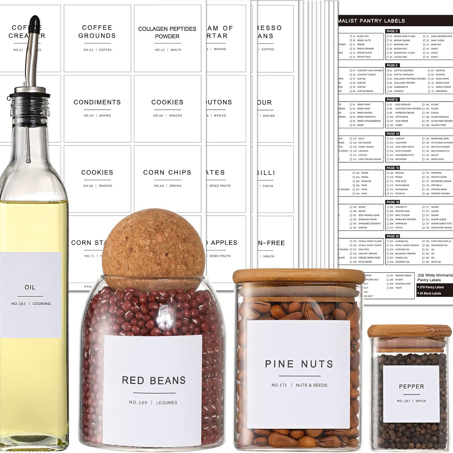 308 Kitchen Pantry Labels for Food Containers, 3 Sizes White Minimalist Organizing, Jars, Storage Bins, Preprinted Waterproof Containers