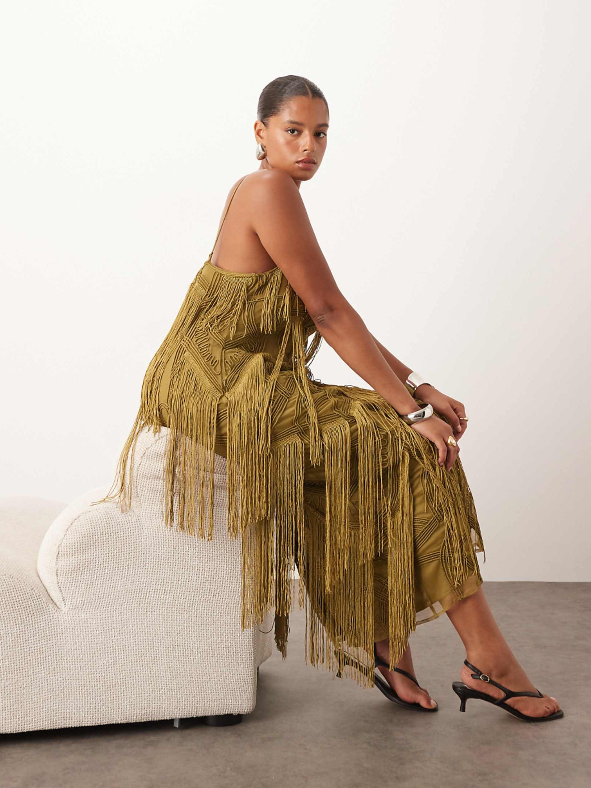 Arrange Curve Geo Fringe Cami Column Maxi Dress in Moss Green