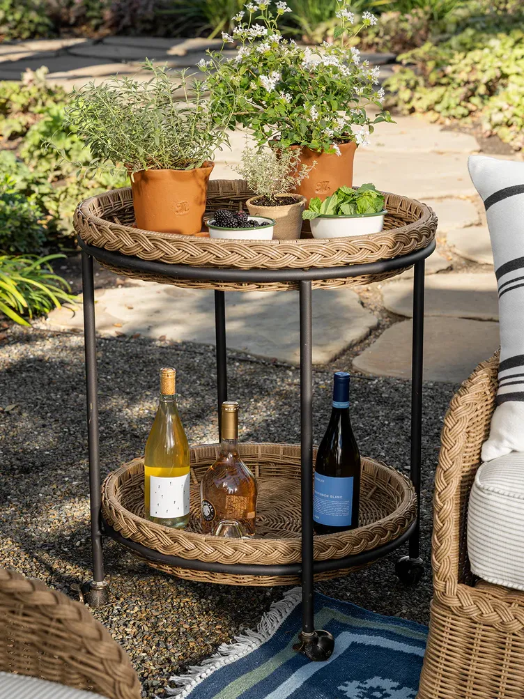 McGee &amp;amp; Co outdoor bar cart with terracotta plants on top