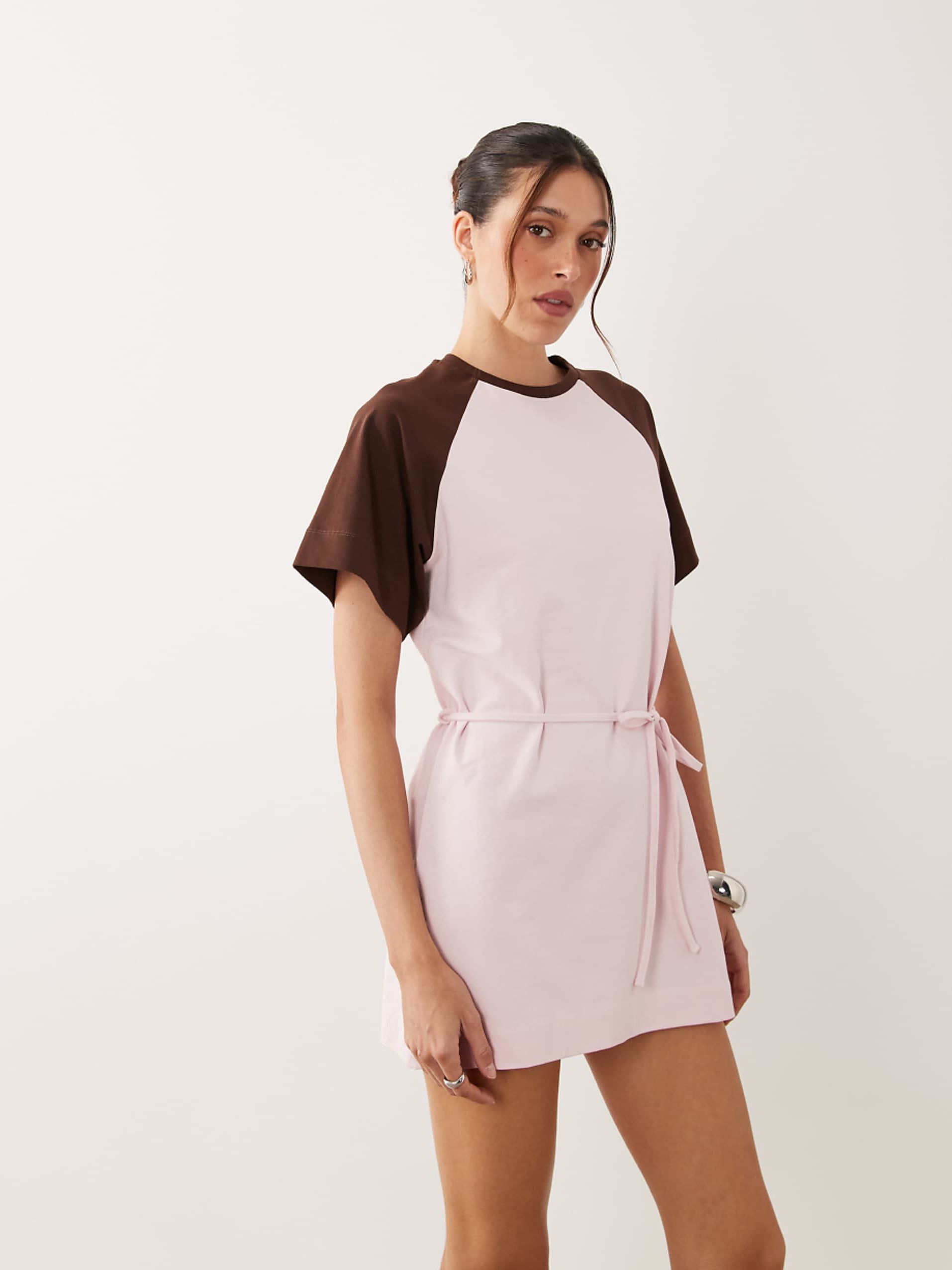 Asos Design Contrast Tie Detail T-Shirt Mini Dress in Pink and Chocolate