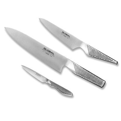 Global 3 Piece Starter Set - 8 Inch Chef, 5 Inch Utility, 3 1/2 Inch Paring, Lightweight Japanese Stainless Steel, Razor Sharp Edge, Made in Japan
