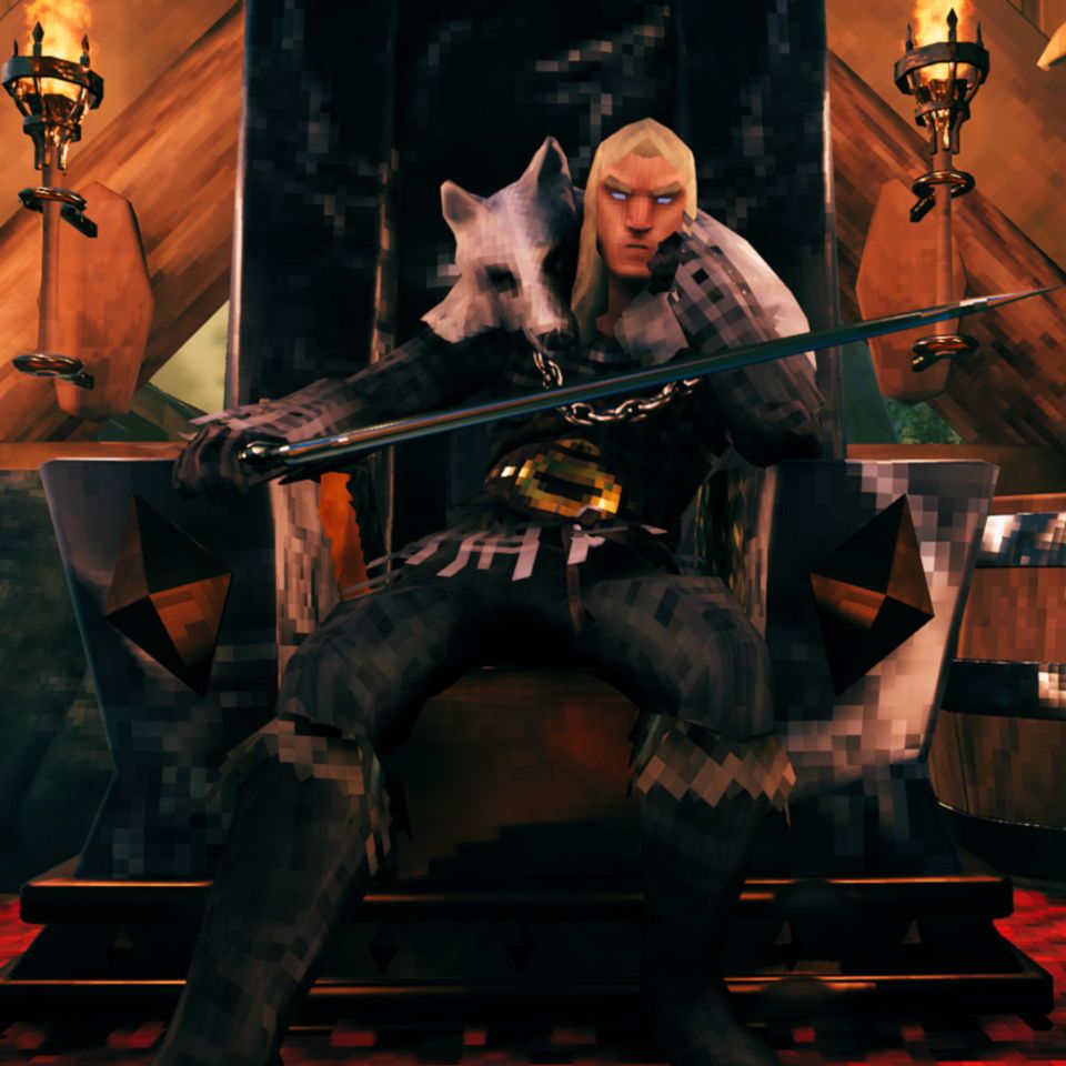 Valheim viking sitting on a black iron throne with a sword and wolf pelt