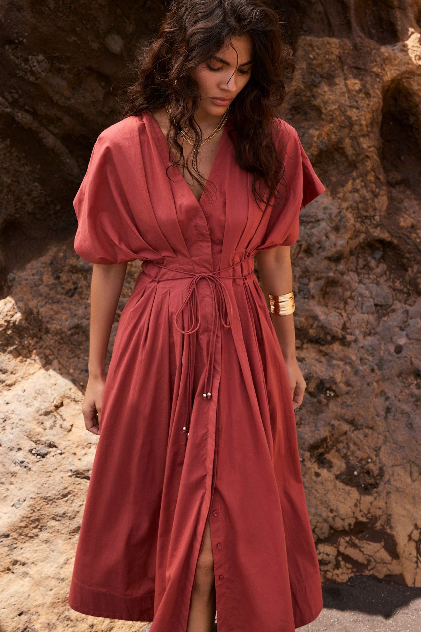 Rust Red Cotton Tie Waist Midi Dress