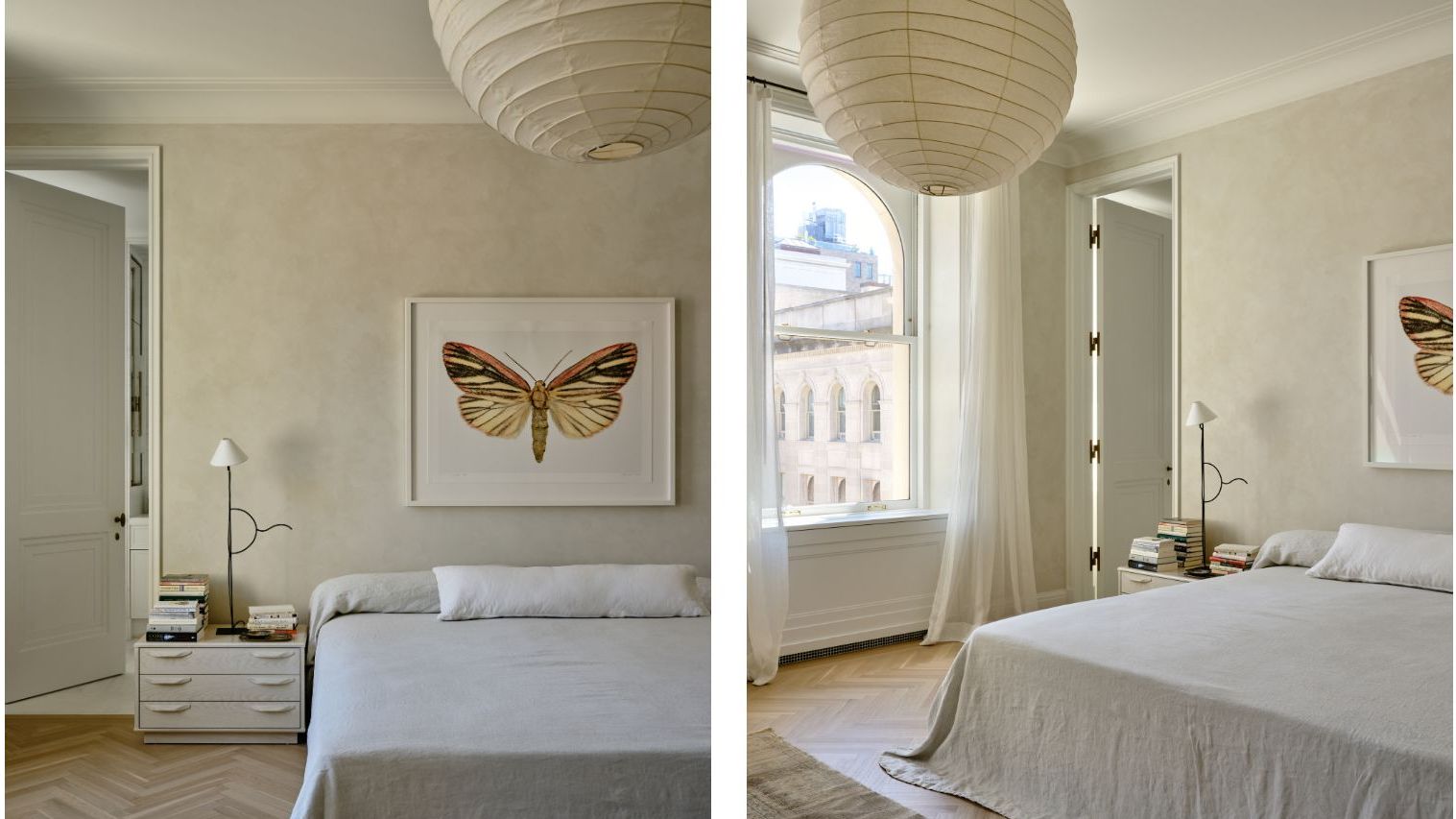 two shots next to each other. On the left a gray bed sits under a print of a butterfly. On the right, the bed is shown from an angle so you can also see an arched window