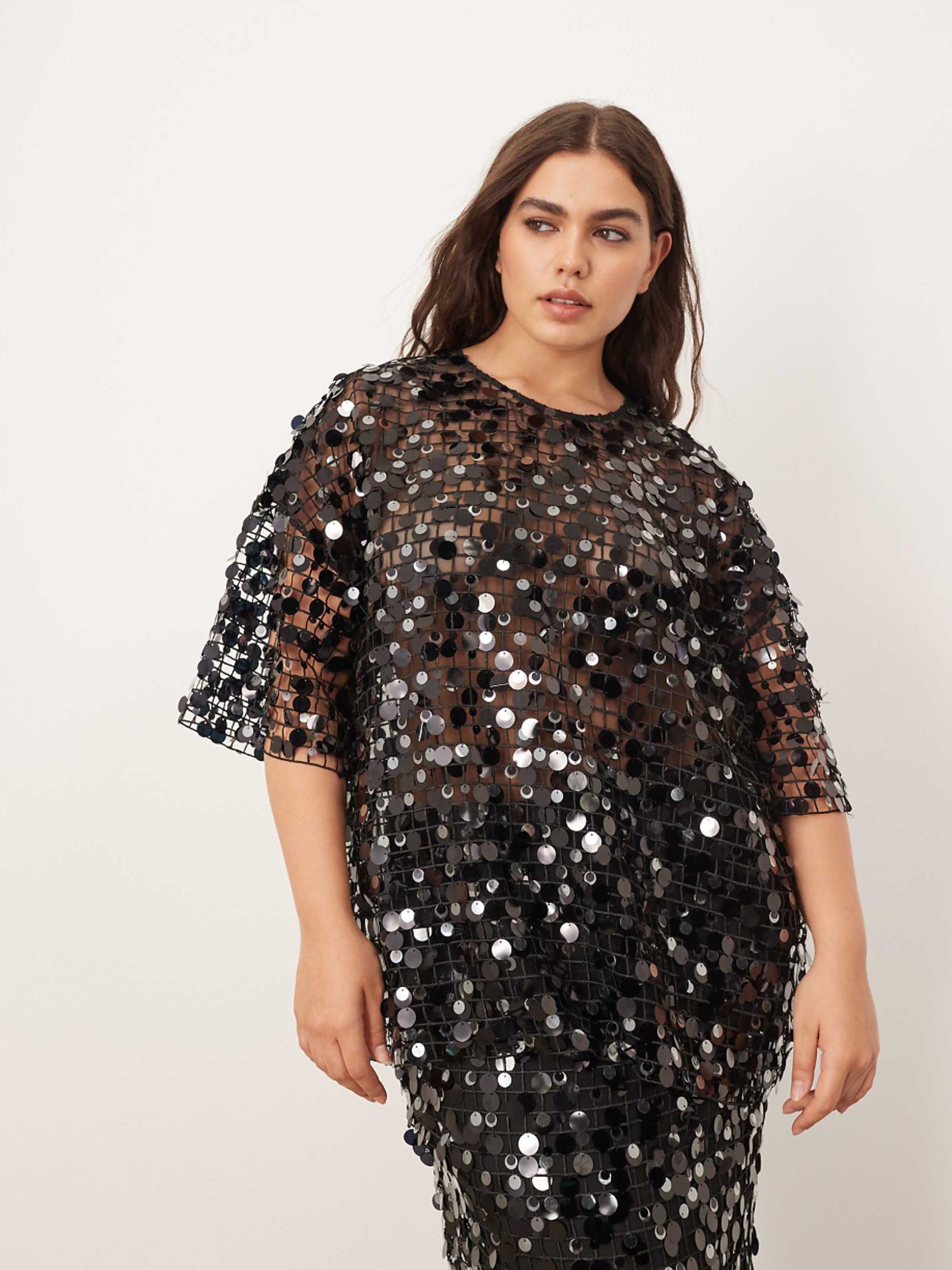 Arrange Curve Sheer Grid Sequin Tee in Black - Part of a Set