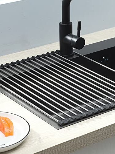 Viwavee Dish Drainer Rack, Foldable and Removable Stainless Steel Dish Drying Over the Sink, Drying Mat, Sink Drainer Rack for Cups, Fruit, Vegetables, Super Kitchen Organiser (black 43 * 35cm)
