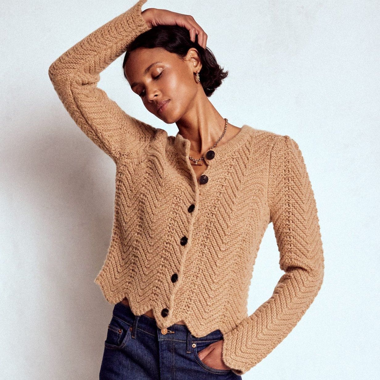 Boden Camel Chunky Chevron Knitted Jacket