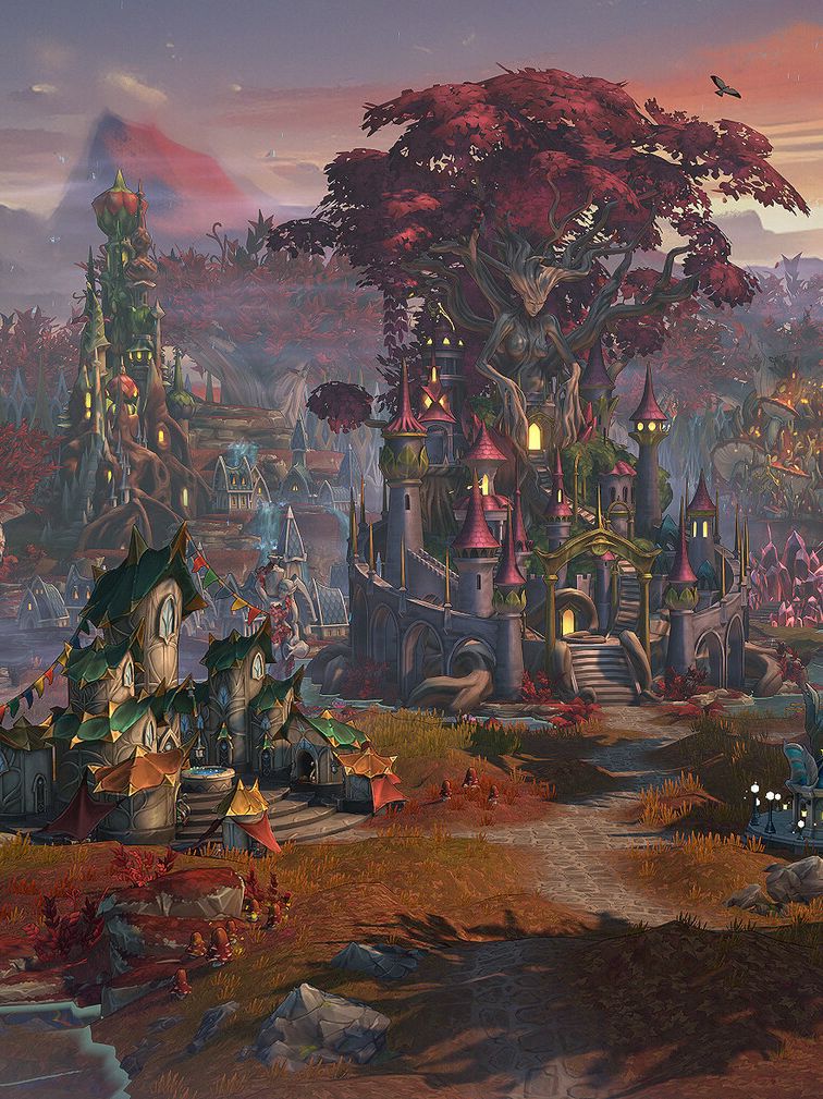 A fantasy location in Heroes of Might and Magic: Olden Era. It has red, pink, and blue flora and colorful buildings stretching into a distant mountain