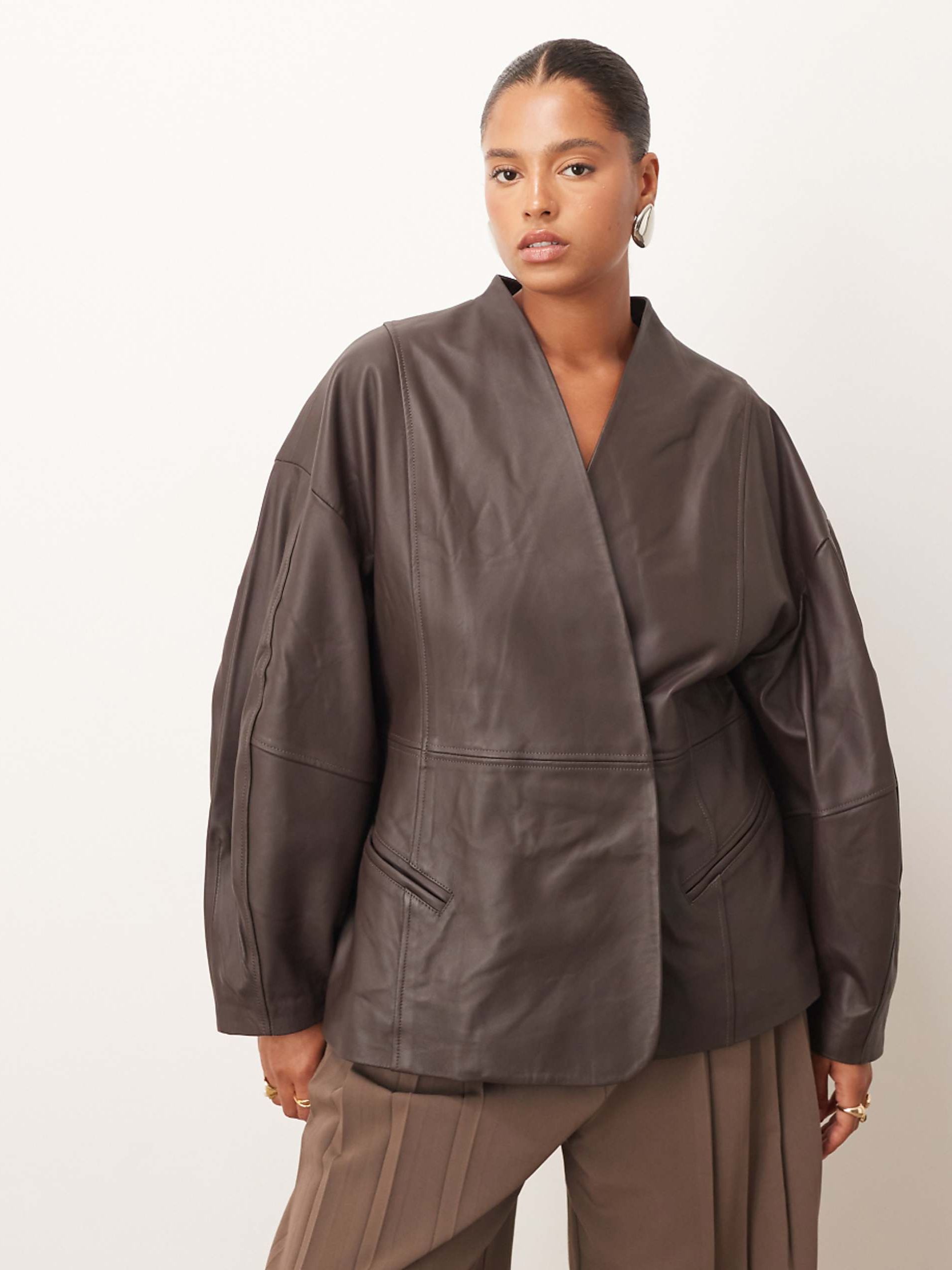 Arrange Curve Soft Leather Jacket With Cinched Waist and Ovoid Sleeves in Chocolate