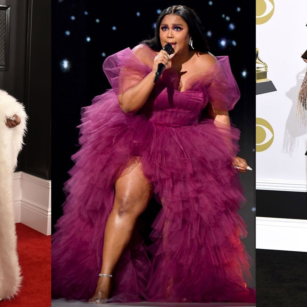lizzo purple dress Lizzo slays in purple mesh dress at Cardi Bs birthday party