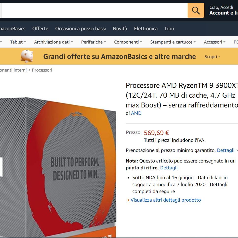 Amazon Italy Reveals AMD Ryzen 9 3900XT, Ryzen 5 3600XT Pricing
