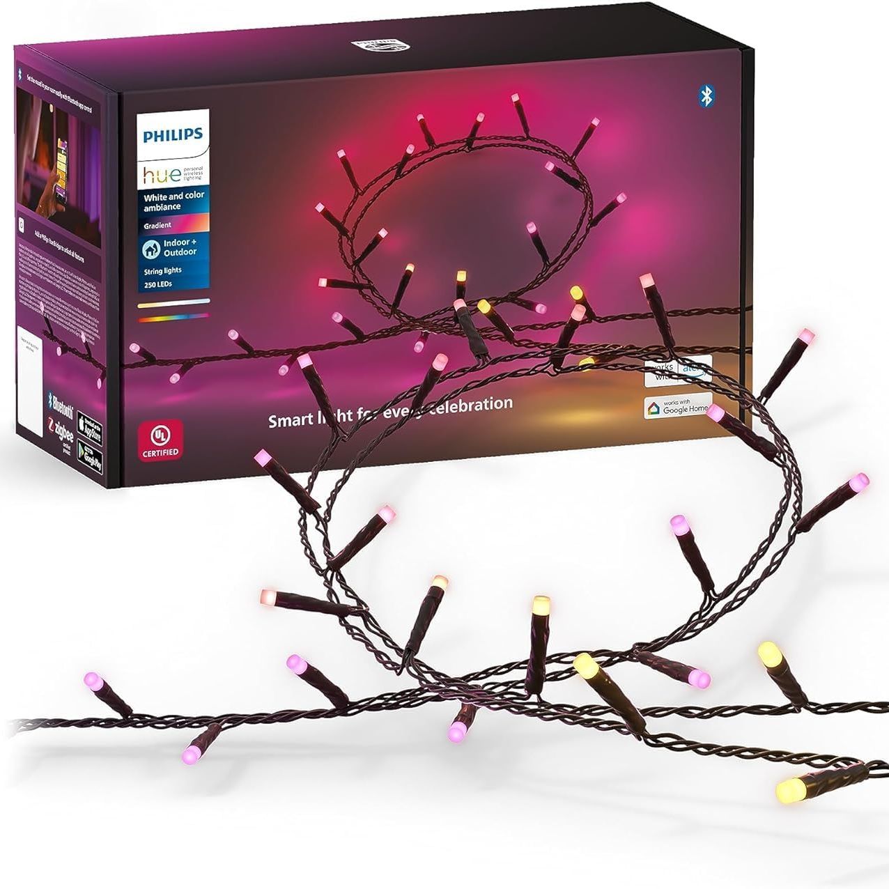 Philips Hue Indoor/outdoor 65-Foot Festavia String Lights - 250 Mini Color Changing Smart Leds - Weatherproof - Control With Hue App - Works With Alexa, Google Assistant and Apple Homekit