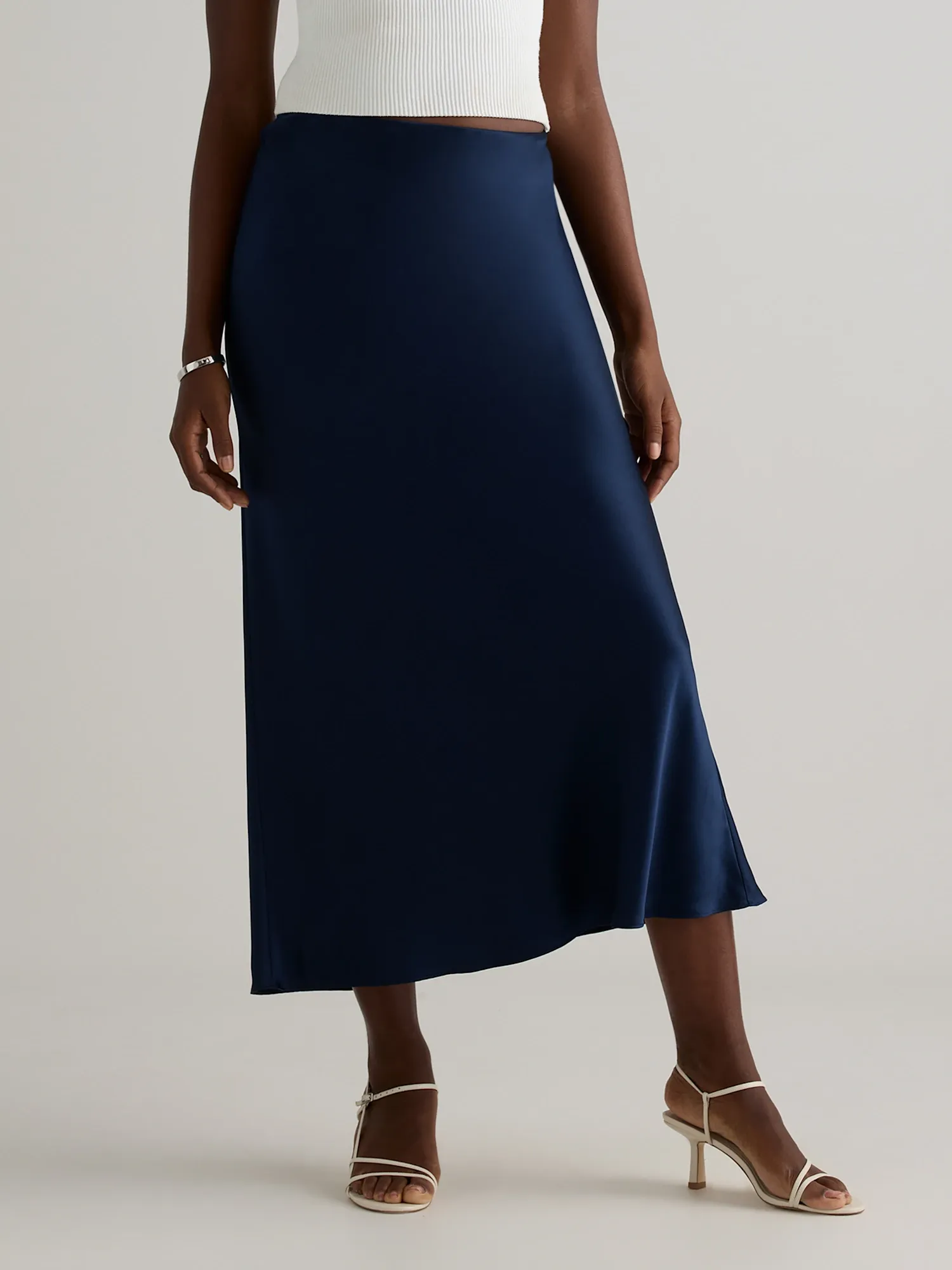 Women's Petite 100% Washable Silk Maxi Skirt in Navy