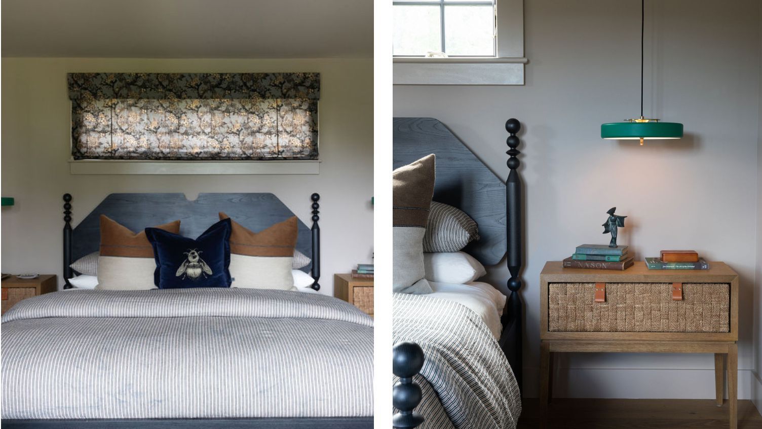 two pictures next to each other. On the left, a large wood bed, on the right a close up of the wood nightstand.