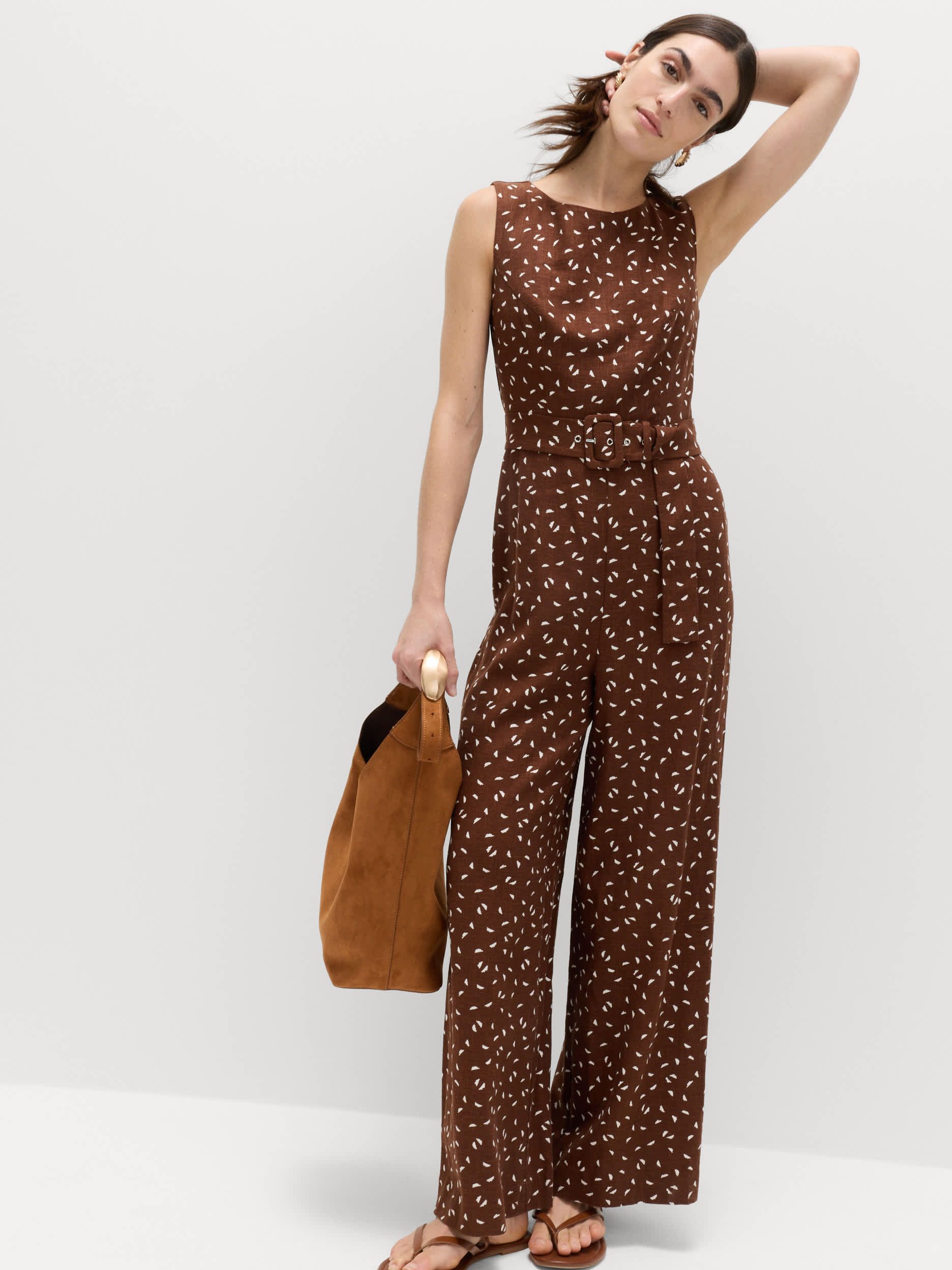 Linen Blend Printed Belted Jumpsuit