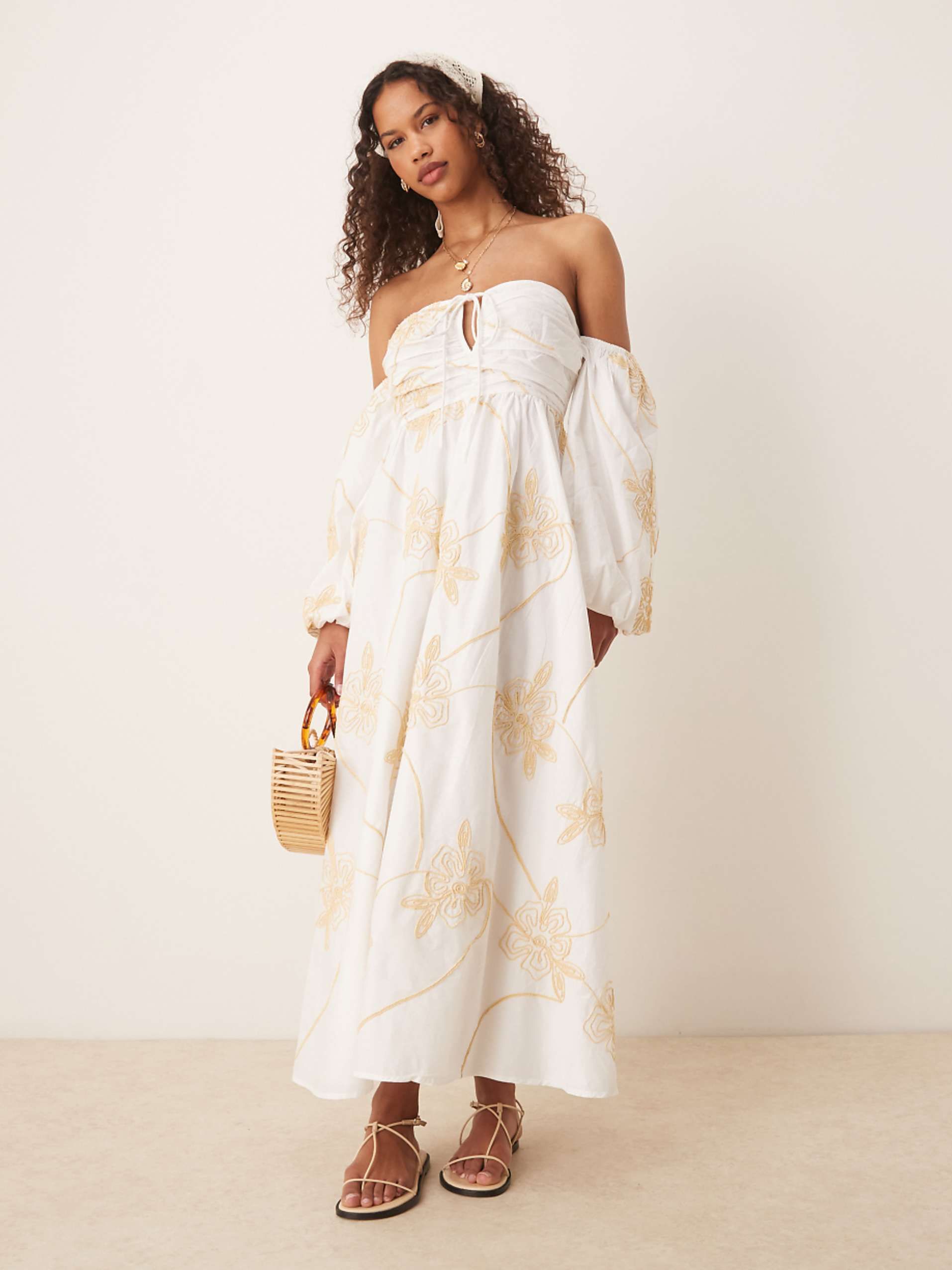 Asos Design Off the Shoulder Floral Embroidered Midaxi Dress in White
