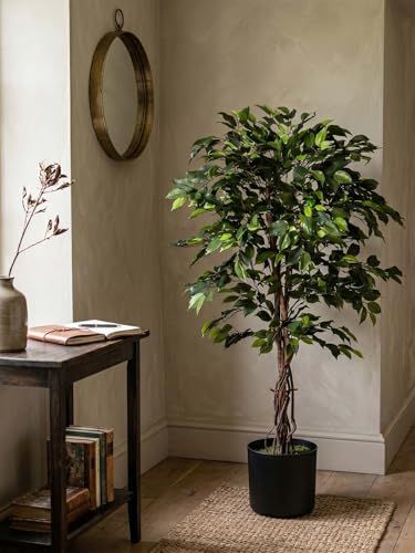 Homescapes 4ft Artificial Ficus Tree &amp;ndash; Tall Artificial Plant Indoor With Real Wood Trunk &amp;amp; Lifelike Green Leaves Decorative Faux, Fake Plant With Pot for Home, Office, Living Room