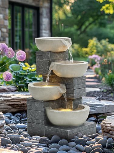 Charles Bentley 4 Tier Cascading Water Feature, Grey Brick Finish, Self Contained, 50hz Pump, 220-240v, 10l Capacity, Uv &amp;amp; Frost Resistant, 3 Built in Led Lights, 5m Cable (55.5x37x31cm)