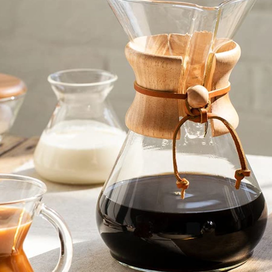 Chemex 8 Cup Coffee Maker with a milk carafe behind it in the background
