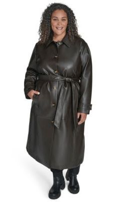 Plus Size Belted Faux Leather Trench Coat