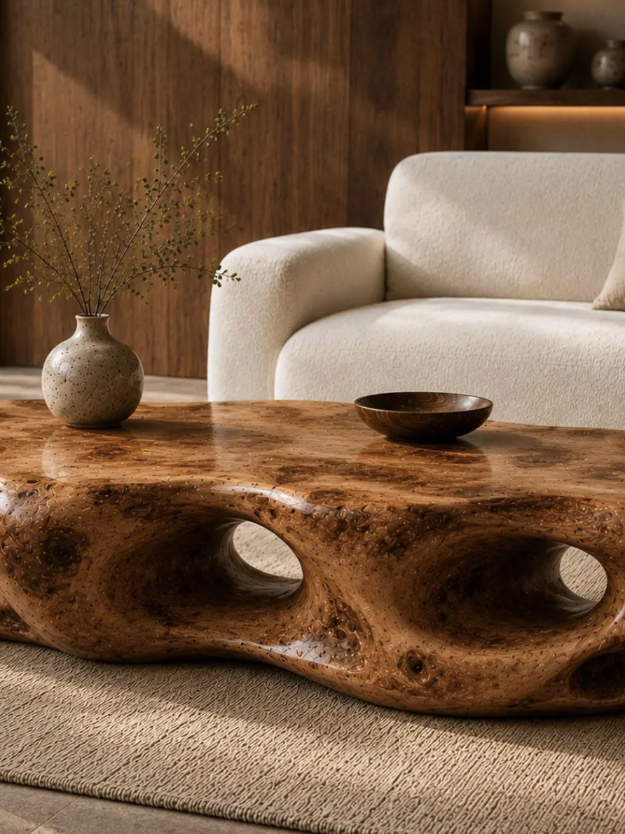Rollysael, Handcrafted Organic Burl Wood Coffee Table With Sculptural Hollow Design for Modern Living Room