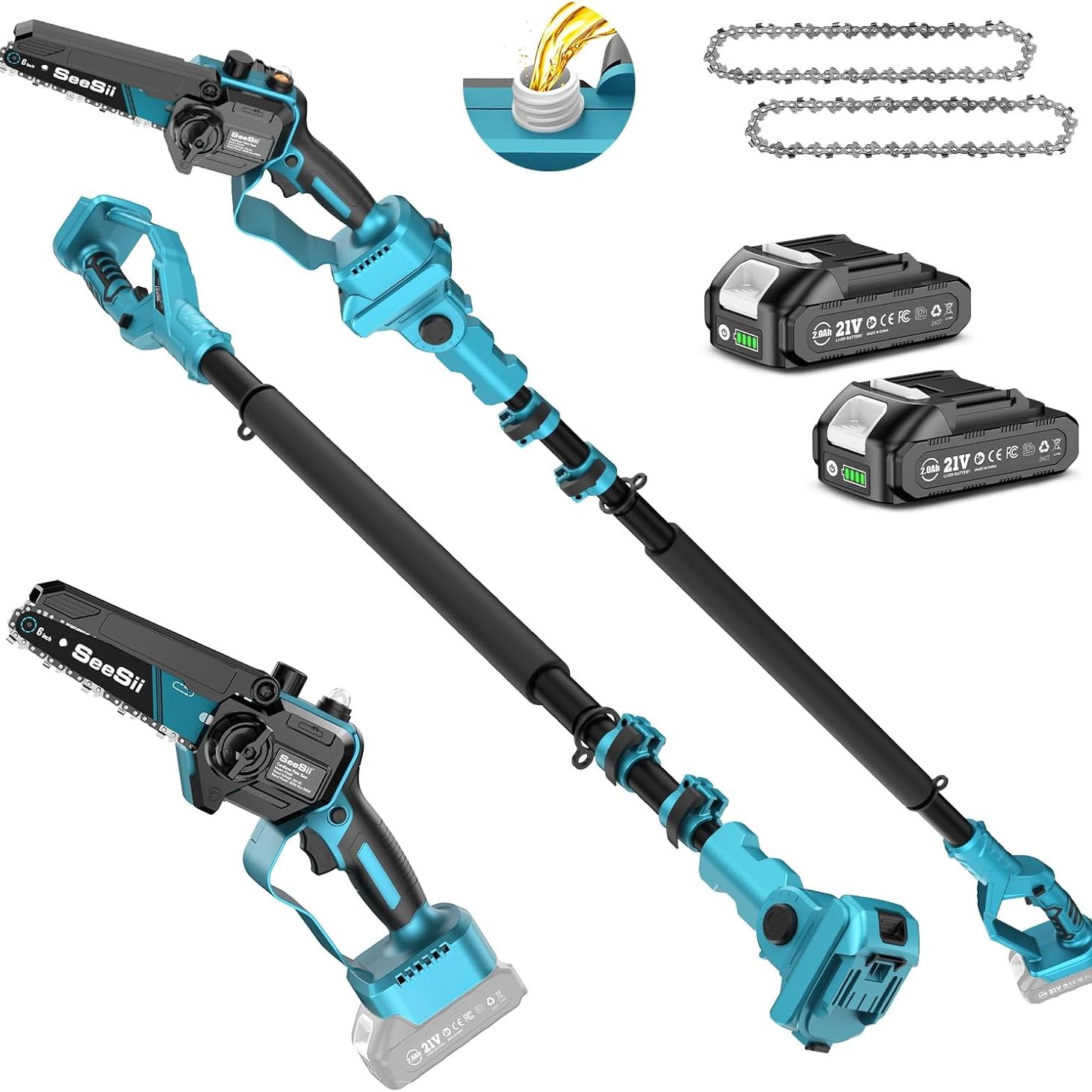 Seesii 2-In-1 Electric Pole Saws for Tree Trimming, 6 Inch Mini Chainsaw Cordless With Extension Pole, Battery Powered Pole Chain Saw, Tree Trimmer Limb Branch Cutter Pruner With 2 Battery Ps600