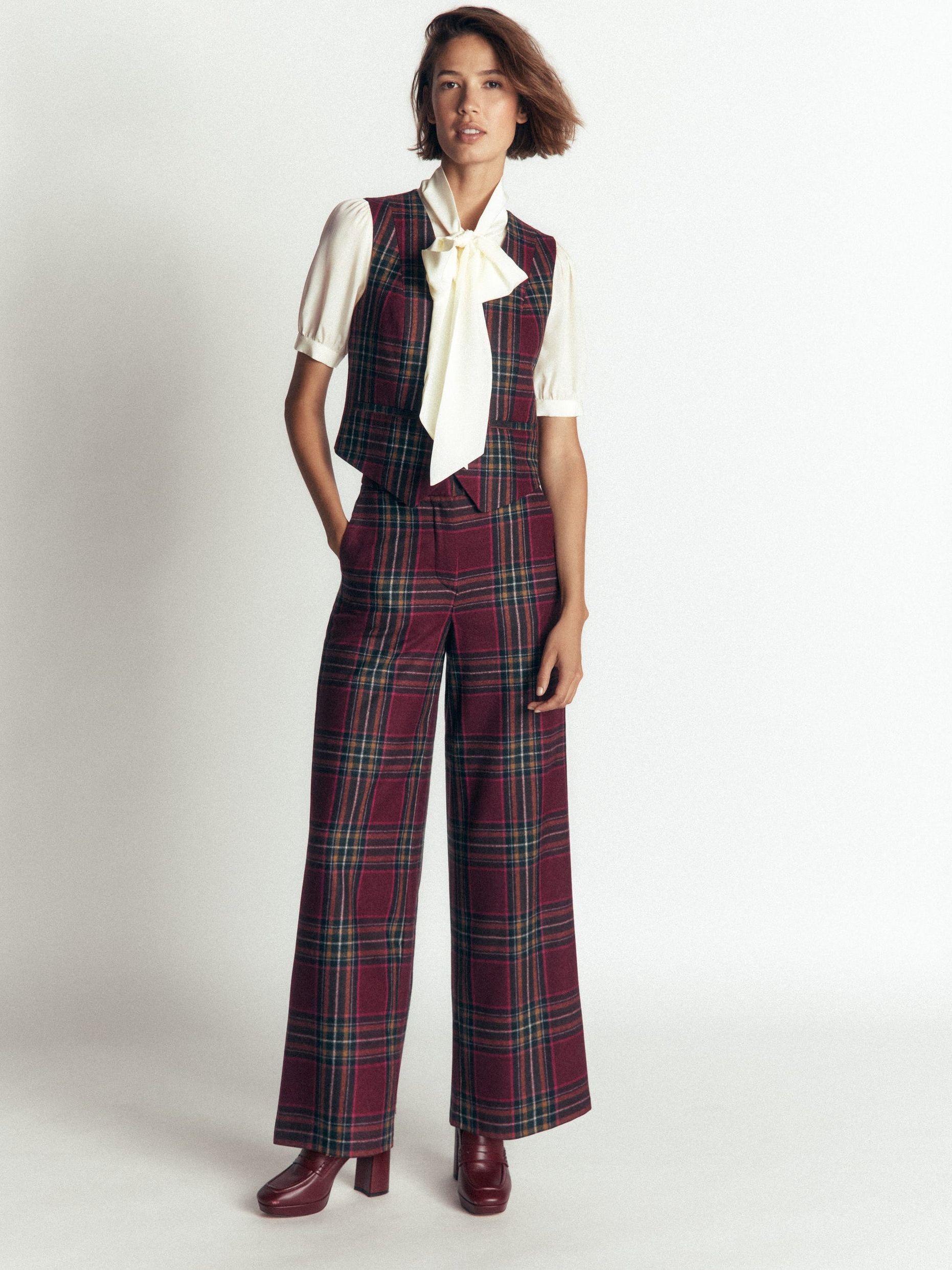 Belgravia Wool Blend Trousers-Maroon and Olive Check