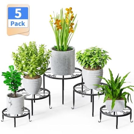 Foukus 5-Pack Black Metal Plant Stand: Rustproof Flower Shelf Indoor and Outdoor, Durable Pot Stands for Living Room, Balcony, Patio, Garden, Office, Home - Curved