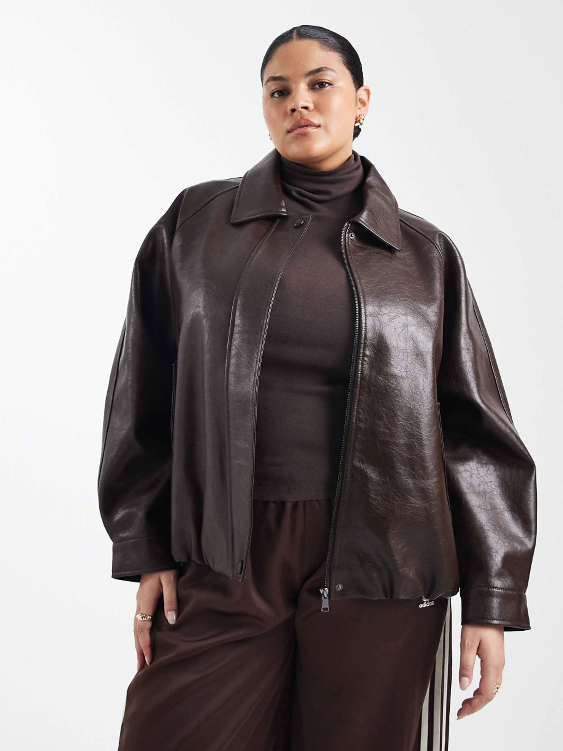 Asos Design Curve Leather Look Oversized Bomber Jacket in Chocolate