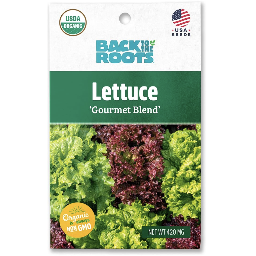 A seed packet that reads "Gourmet Blend" Lettuce Seeds