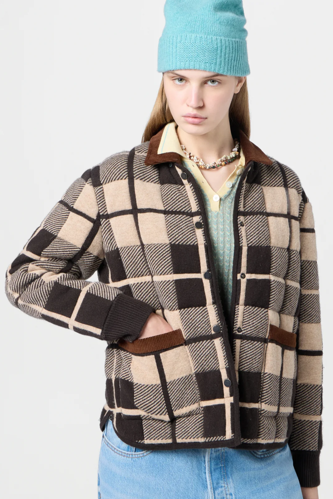 Guest In Residence, Quilted Plaid Liner Jacket - Burnt Cocoa Combo